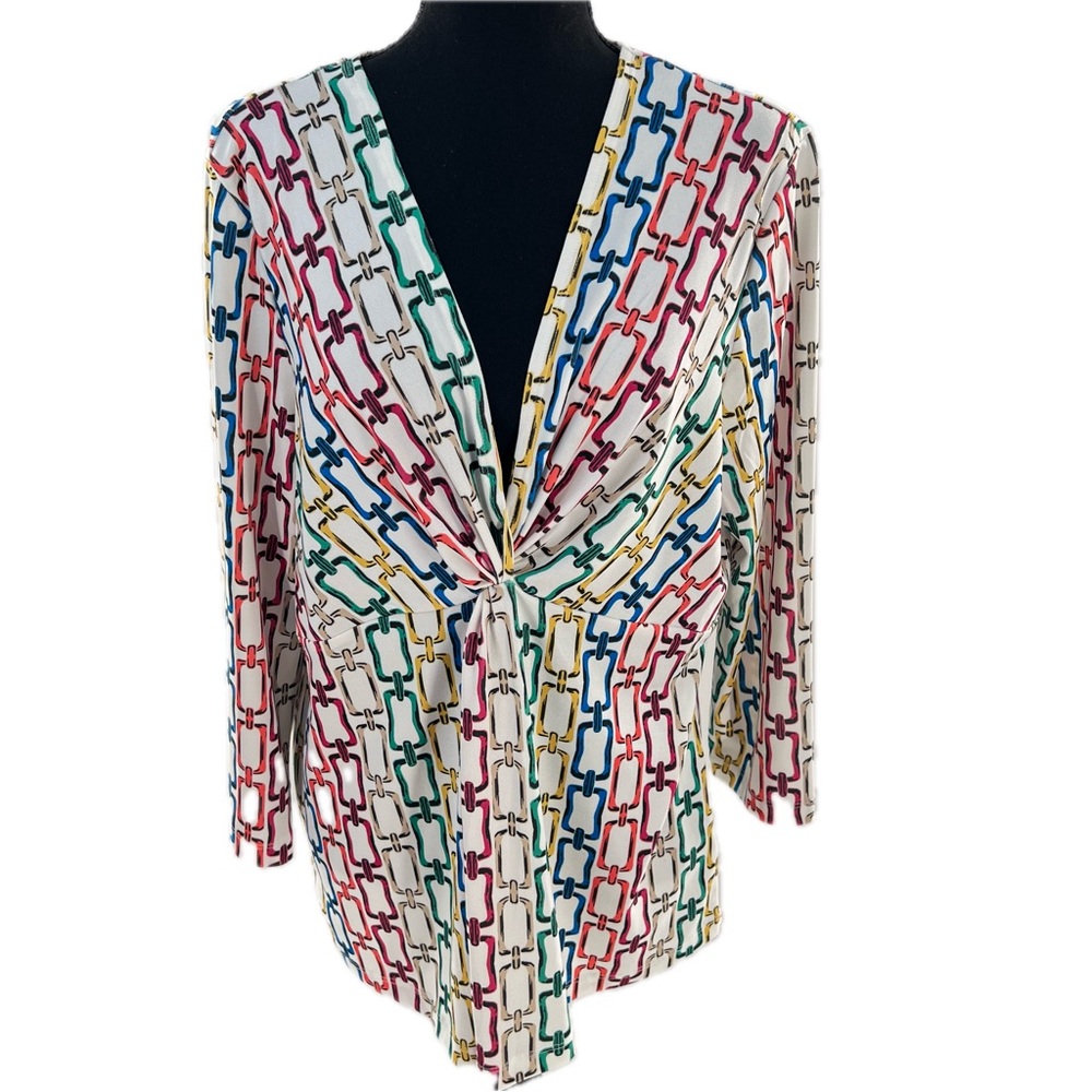Studio by JPR Multicolor Chain Link Print Deep V-Neck 3/4 Sleeve Blouse Size XL - Picture 13 of 14